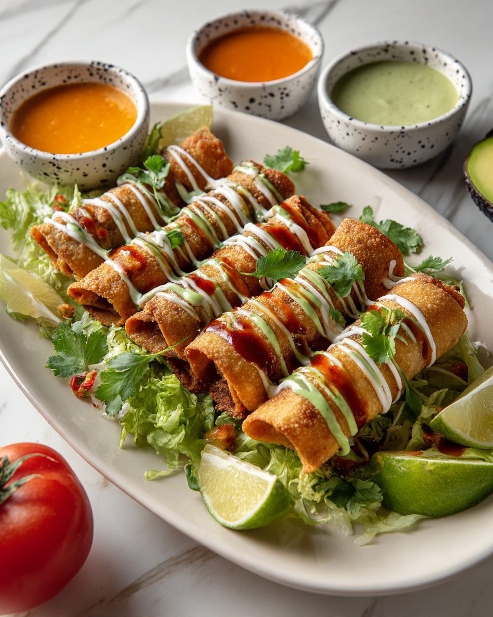 The image shows a white oval plate filled with golden-brown rolled taquitos arranged in two uneven layers atop a bed of bright green lettuce leaves. The taquitos have a crispy texture and are drizzled with three sauces in thin lines: a creamy orange sauce, a smooth white sauce, and a light green sauce. Around the taquitos, three small white bowls with black speckles hold different creamy dips—one orange, one green, and one white. The plate is garnished with fresh cilantro leaves and lime wedges, and the setting includes a red tomato and half an avocado on a white marbled surface. photo taken with an iphone --ar 4:5 --v 7