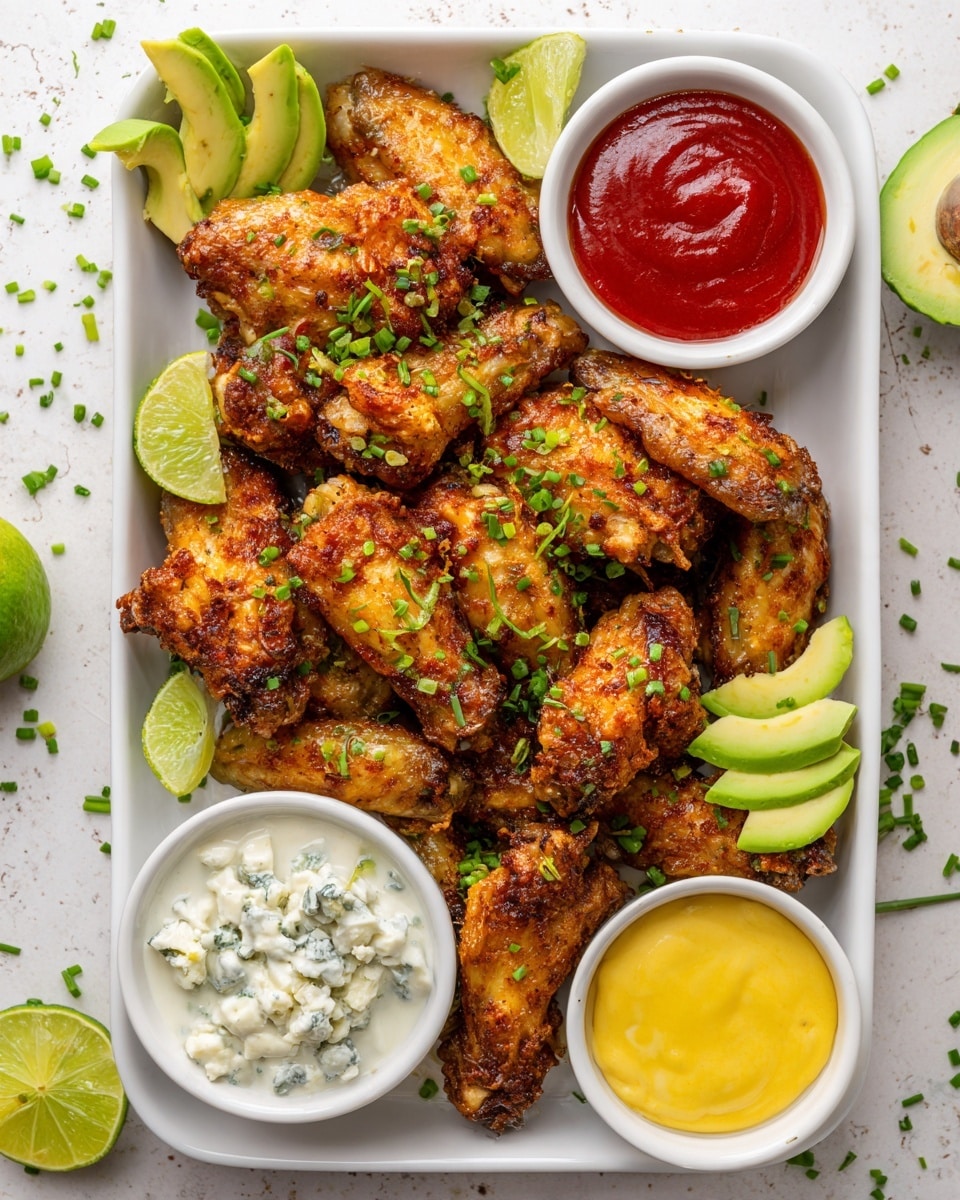 The image shows a white tray filled with crispy, reddish-brown chicken wings sprinkled with small green chives and scattered lime wedges. The wings look spicy and are placed in a loose pile covering almost the entire tray. There are three white square bowls on the tray, each holding a different sauce: one deep red, one creamy white with blue cheese bits, and one bright yellow. The tray sits on a white marbled surface. photo taken with an iphone --ar 4:5 --v 7