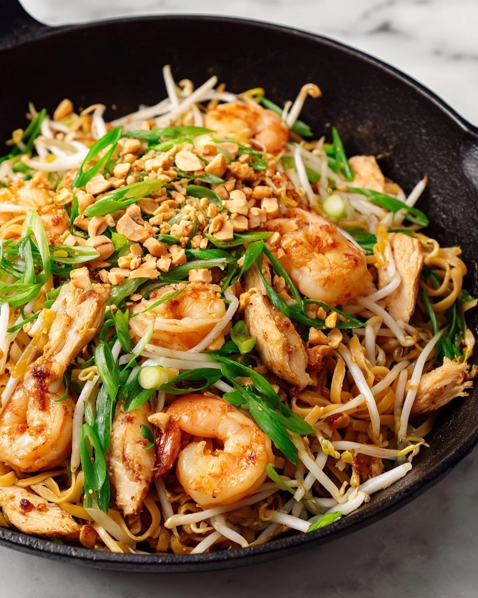 A close-up view of a black skillet filled with a stir-fry dish showing layers of glossy brown noodles mixed with light beige bean sprouts scattered throughout. On top, there are several large, bright orange shrimp with a slightly charred texture, arranged evenly around the skillet. There are also pieces of golden-brown chicken strips placed between the shrimp, giving a mix of colors and textures. Fresh green onion slices and whole green stalks are spread on top, adding a pop of green. Crushed light tan peanuts are sprinkled in the center, adding texture contrast. The skillet rests on a white marbled surface, with part of a black and white striped cloth to the side. Photo taken with an iphone --ar 4:5 --v 7