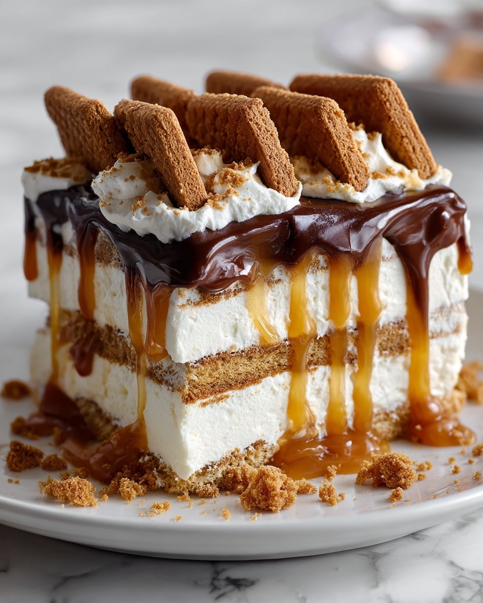 A close-up of a layered dessert slice on a white plate, placed on a white marbled surface. The dessert has six distinct layers starting with a thin brown base, followed by a thick white cream layer, then another thin brown layer, a second white cream layer, a third brown layer, and topped with a light brown caramel-like layer. A glossy dark chocolate sauce drips over the top and edges, adding shine and richness. The top is decorated with multiple chunks of crumbly brown pieces, arranged neatly. Crumbs from the chunks are scattered on the plate. Photo taken with an iphone --ar 4:5 --v 7