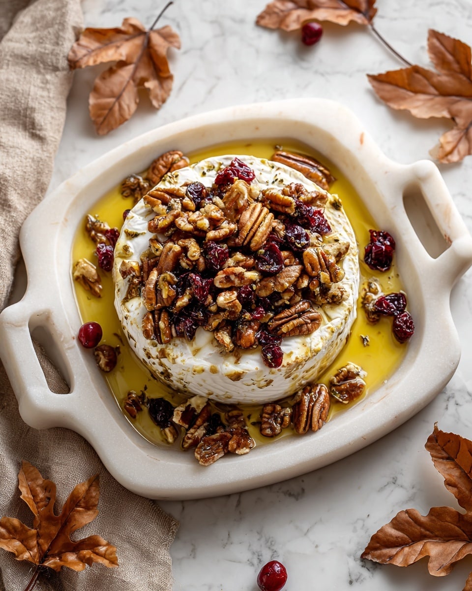 A round wheel of creamy, white cheese sits in the center of a white marbled square dish, topped with a mix of whole and chopped pecans that are light to dark brown, with deep red dried cranberries scattered among them. Golden honey is drizzled around and over the cheese, pooling slightly on the dish. More dried cranberries and pecans surround the cheese on the dish, with a light beige cloth peeking in from the left and orange-brown autumn leaves on the right side of the white marbled surface photo taken with an iphone --ar 4:5 --v 7