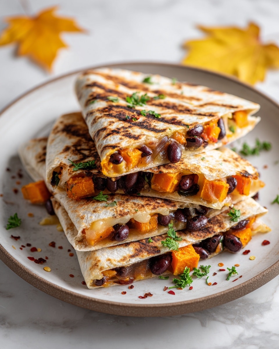 A white plate with a dark rim holds a stack of three folded quesadillas, each folded into a triangle and grilled with dark brown char marks on the light golden tortillas. The quesadillas are filled with visible layers of bright orange cubes of roasted sweet potato, black beans, melted light yellow cheese, and scattered green cilantro leaves. Around the plate and on the white marbled surface, there are colorful red pepper flakes and autumn yellow leaves adding a seasonal touch. photo taken with an iphone --ar 4:5 --v 7