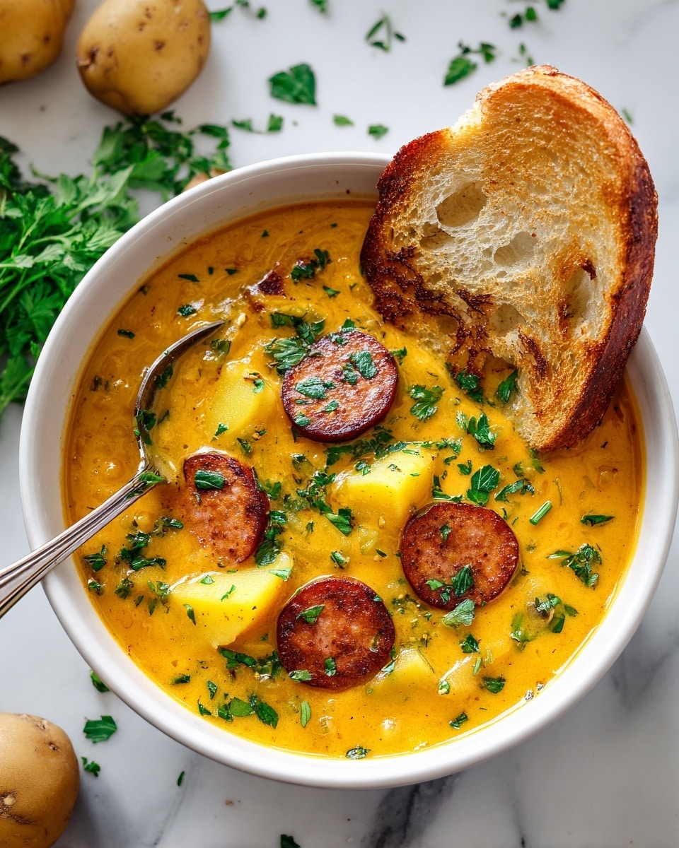 A white bowl filled with thick, creamy orange soup with visible pepper specks, filled with golden-yellow potato cubes and browned sausage slices on top. The soup looks smooth and rich, with a few small green herb pieces sprinkled over everything. A piece of toasted bread with a crispy golden-brown crust partly rests inside the soup at the edge of the bowl. A silver spoon lies inside the bowl, with the handle pointing outwards. The bowl sits on a white marbled surface with some green leafy herbs and a potato placed nearby. Photo taken with an iphone --ar 4:5 --v 7