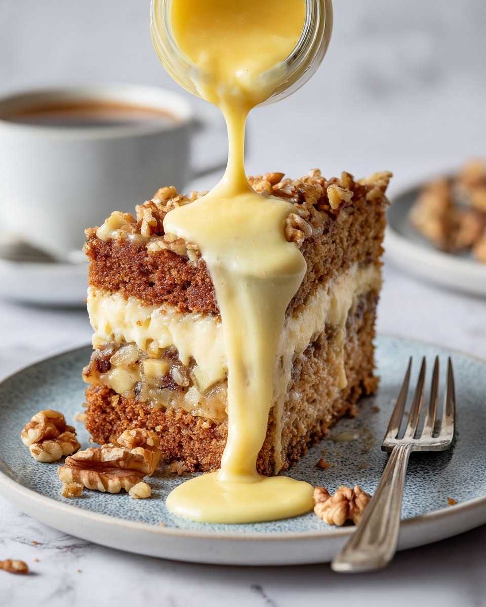 A slice of nut-topped cake with a brown crumb and a lighter layer of apple slices inside sits on a white plate with a blue textured design. Light yellow sauce is poured over the top, flowing down the sides and pooling slightly on the plate. Several walnut pieces are scattered around the cake slice. A silver fork rests on the right side of the plate. The plate is placed on a white marbled surface with a white cup of dark coffee in the background. Photo taken with an iphone --ar 4:5 --v 7