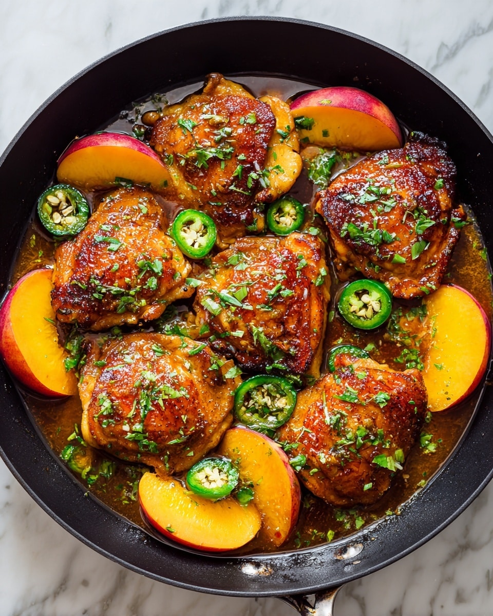 A close-up view of seven golden-brown cooked chicken pieces placed evenly in a black pan, each piece glazed with a shiny, thick sauce. Between and around the chicken pieces, there are bright orange peach slices with red skin on the edges and some bright green jalapeño slices with white seeds inside. The dish is sprinkled with finely chopped green herbs that add texture and color contrast. The glossy sauce reflects light, highlighting the textures of both the chicken and the fruits. The pan sits on a white marbled surface. photo taken with an iphone --ar 4:5 --v 7