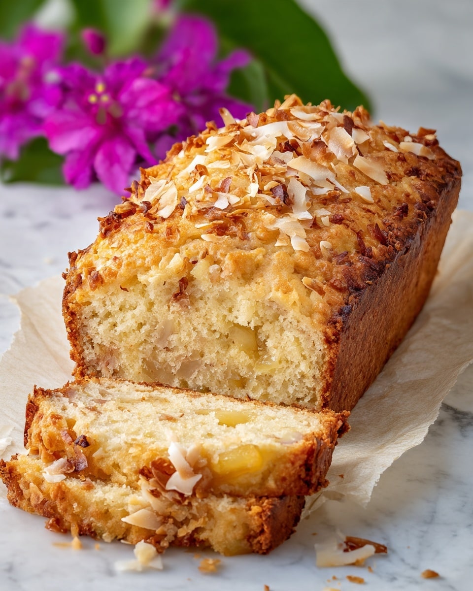 A close-up image of a sliced loaf cake resting on crumpled parchment paper, placed on a white marbled surface. The cake has a golden-brown crust with a slightly rough texture, topped with scattered white coconut flakes and small chopped nuts. Inside, the soft cake is light beige with visible chunks of pineapple or similar fruit, showing a moist and tender crumb. The front slice lies flat, revealing the same texture and toppings throughout. A few purple flowers are placed around the cake, adding a pop of color in the background. Photo taken with an iphone --ar 4:5 --v 7