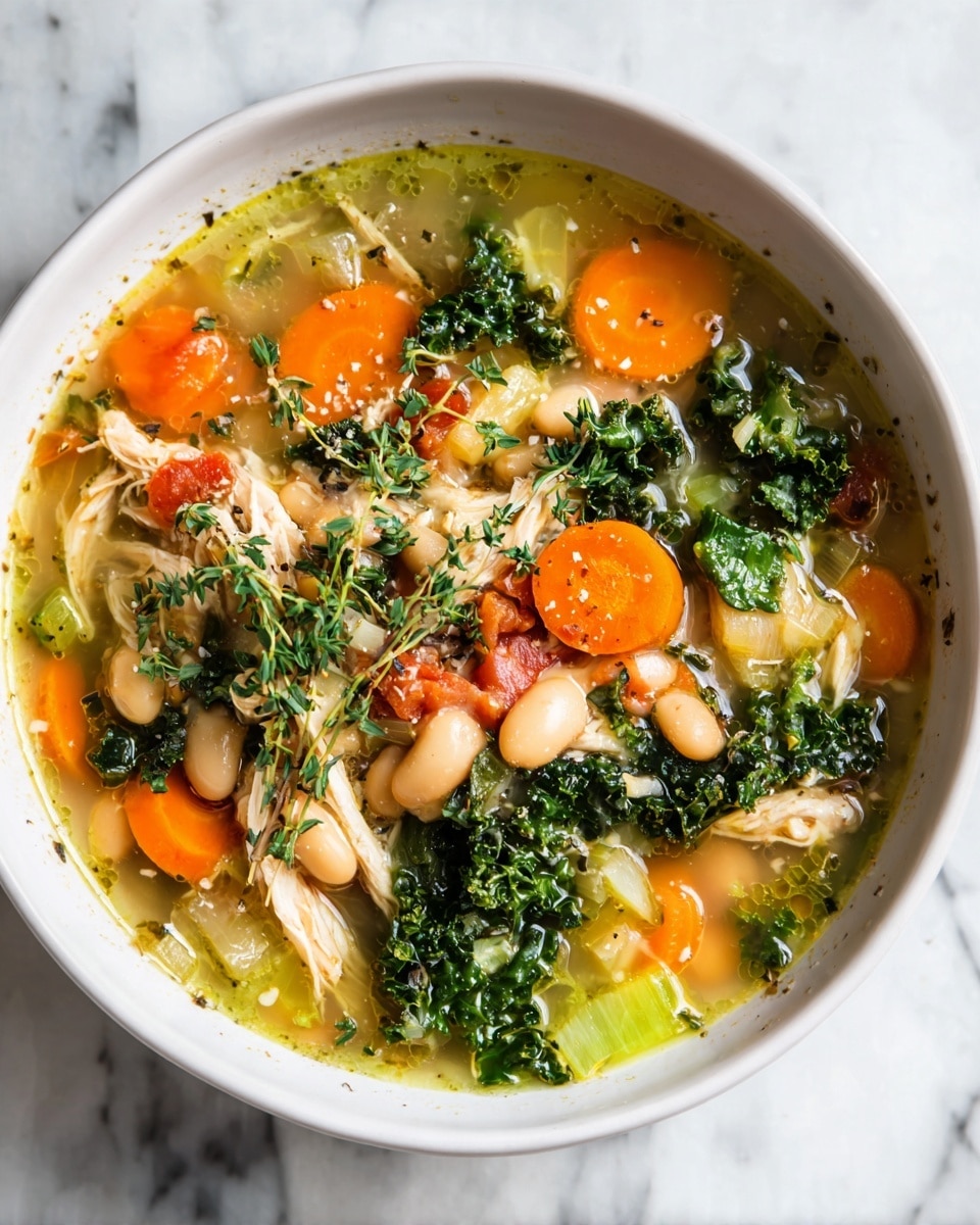 This image shows a white bowl filled with a hearty soup. The soup has several layers visible: at the bottom, there is a light yellow broth with some herbs floating in it; within this broth, there are chunks of orange carrot slices, light green celery pieces, and white beans scattered throughout. Medium-sized pieces of light brown shredded chicken are visible at different spots. Dark green kale leaves are placed on top, adding a leafy texture. Small bits of pinkish-red bacon or ham are mixed in with other ingredients. A couple of sprigs of fresh thyme lay on the surface, enhancing the visual appeal. The bowl sits on a white marbled surface. photo taken with an iphone --ar 4:5 --v 7