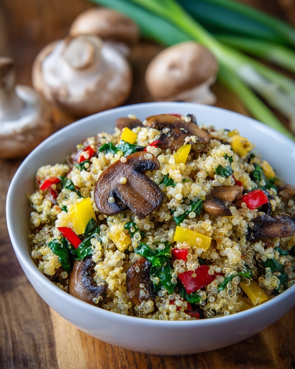 A white bowl filled with a colorful mix of quinoa, sliced brown mushrooms, small bright red pepper pieces, yellow cubes that look like cooked potatoes, and fresh green spinach leaves. The quinoa grains are fluffy and spread throughout the bowl, mixing evenly with the vegetables. The bowl sits on a white marbled surface with a few whole brown mushrooms and some green onions placed beside it. The overall look is vibrant, fresh, and healthy. photo taken with an iphone --ar 4:5 --v 7