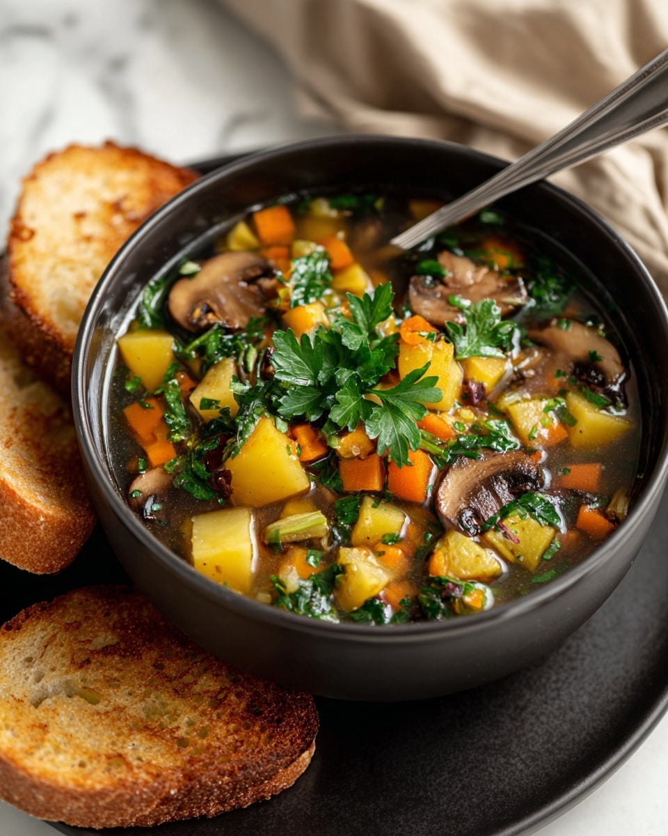 A black bowl filled with clear broth soup containing visible layers of yellow potato chunks, orange carrot pieces, green herbs, mushrooms, and grains, all mixed in a light broth. The soup is garnished with bright green parsley leaves placed on top near the center. A silver spoon hangs into the soup from the right side of the bowl. The bowl sits on a white plate with two pieces of rustic golden-brown bread on the plate’s right side. The whole setting rests on a white marbled surface with a soft beige cloth partially visible beneath the plate. Photo taken with an iphone --ar 4:5 --v 7