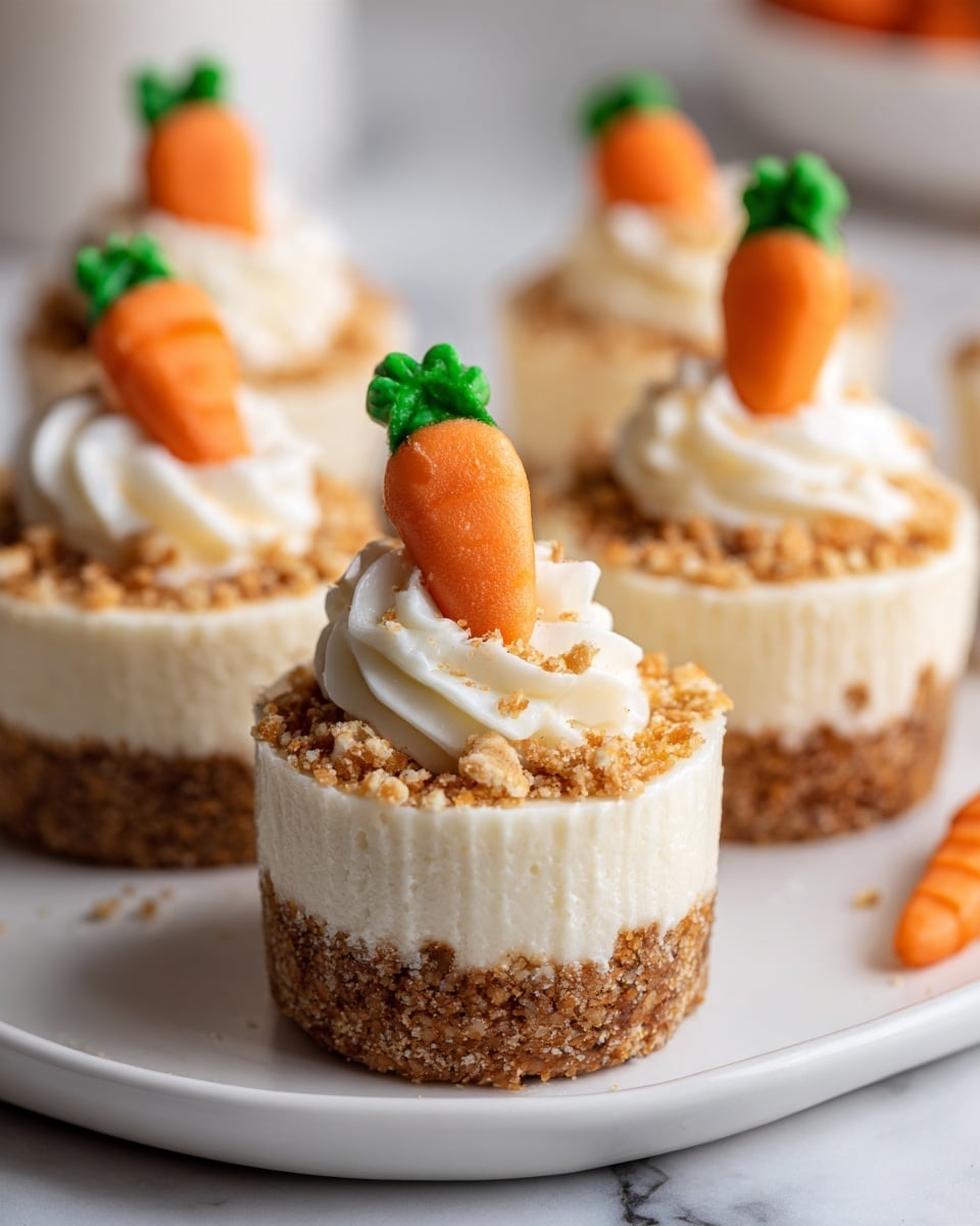 The image shows small round carrot cheesecakes on a white plate. Each cheesecake has three layers: a crumbly brown base, a thick cream-colored middle layer of cheesecake, and a light brown crumb topping. On top of each cheesecake, there is a swirl of white cream with small bits of crushed nuts sprinkled on it. Each one is decorated with a small, bright orange carrot made from icing with green leaves on top. The plate is placed on a white marbled surface, and the photo taken with an iphone --ar 4:5 --v 7