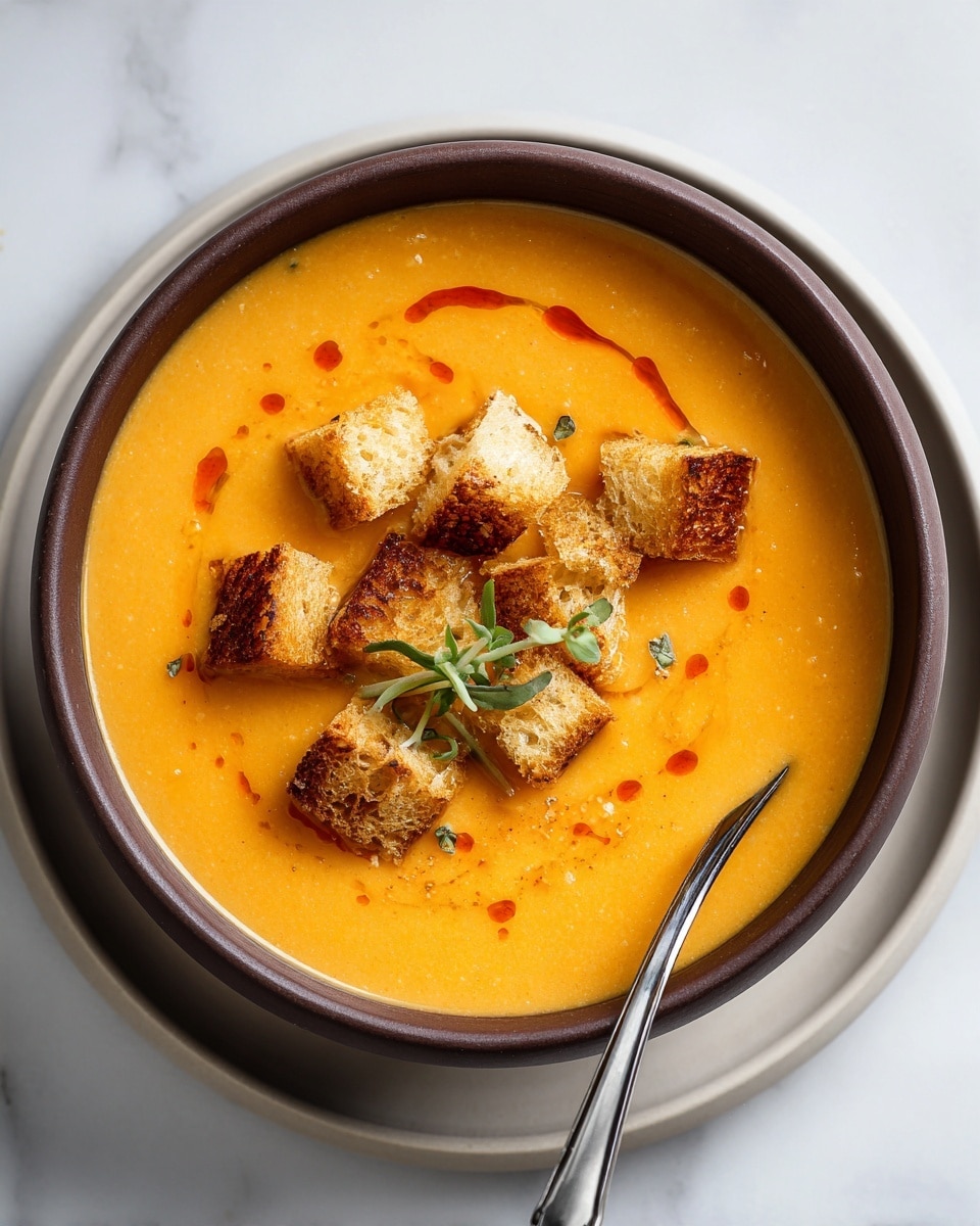 A close-up view of a creamy orange soup served in a brown bowl placed on a white plate, with a silver spoon resting inside the bowl on the right side. The soup has a smooth, thick texture with small pieces of vegetables visible beneath the surface. On top, golden-brown toasted croutons are scattered in the center, along with a small sprig of fresh green herb and a light dusting of reddish seasoning. The background features a white marbled surface with hints of bread pieces in the corner. Photo taken with an iphone --ar 4:5 --v 7