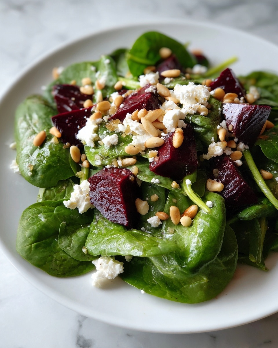 The image shows a white plate filled with a fresh salad arranged in layers. The bottom layer is bright green spinach leaves with a smooth texture evenly spread across the plate. On top of the spinach are dark red chunks of roasted beetroot, placed scattered around. Over the beets and spinach are small white crumbles of soft cheese sprinkled all over, adding a contrasting color. The salad is finished with a layer of golden toasted pine nuts, giving a crunchy texture and a warm color throughout the dish. The plate is set on a white marbled surface. Photo taken with an iphone --ar 4:5 --v 7