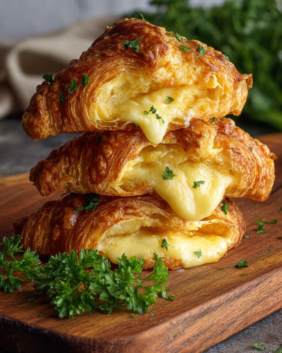 The image shows four golden-brown croissants on a wooden board, each with a crispy, flaky outer layer topped with melted, slightly browned cheese. The croissants have soft, white melted cheese inside that stretches and oozes out from the ends, adding a creamy texture contrast. Small bits of chopped green herbs are sprinkled on top and a fresh sprig of parsley sits on the board beside them. The background has a blurred dark tone, putting full focus on the croissants. photo taken with an iphone --ar 4:5 --v 7