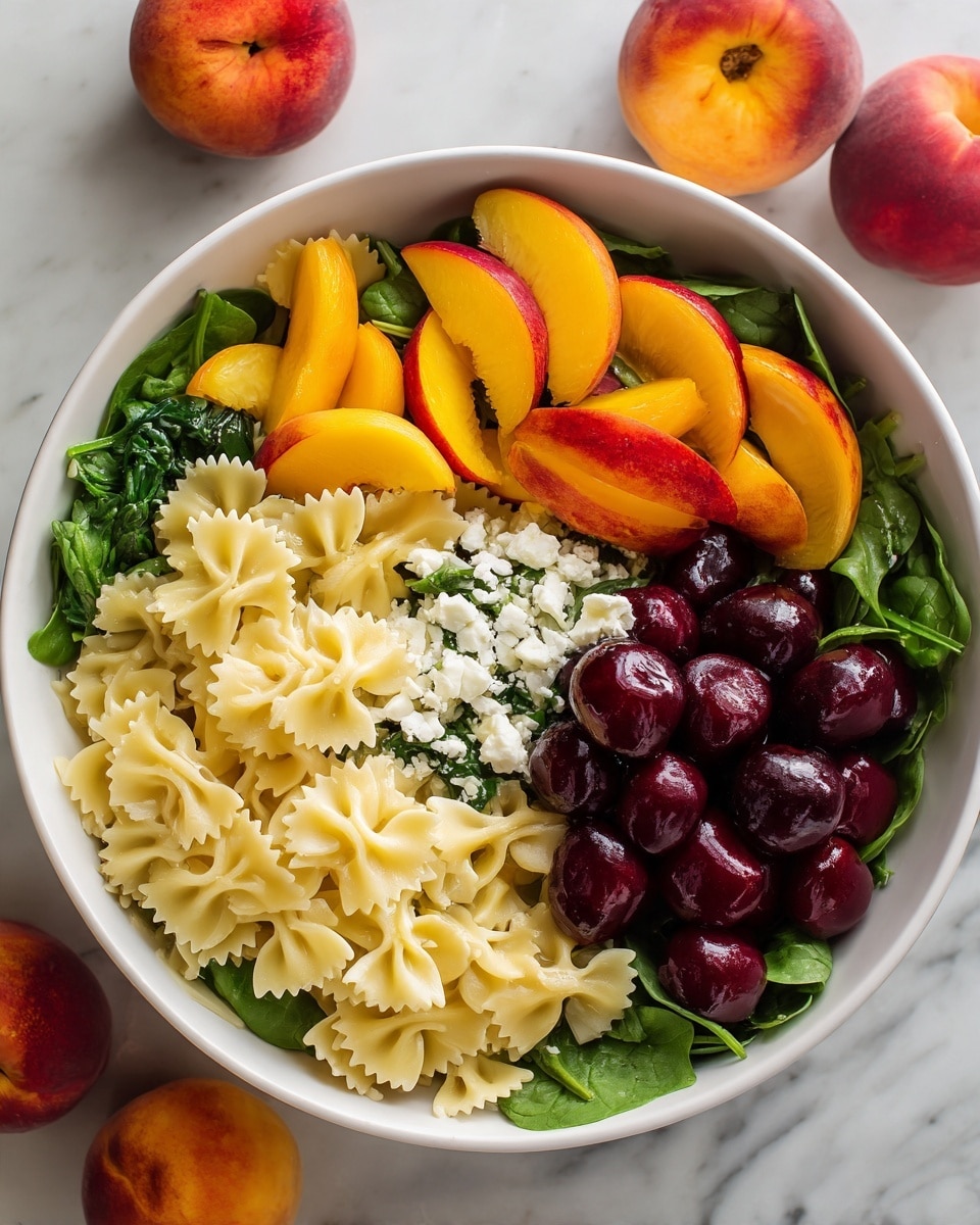 A close-up of a white bowl filled with a mixed salad showing four main layers: the bottom layer is light yellow farfalle pasta with a soft, smooth texture; the second layer consists of fresh green arugula leaves dispersed throughout the pasta; the third layer features bright red halved cherries and yellow-orange peach slices with red edges scattered evenly; the top layer is white crumbled cheese sprinkled with black pepper and herbs, adding specks of texture and contrast over the fruit and greens; all is set on a white marbled surface. Photo taken with an iphone --ar 4:5 --v 7
