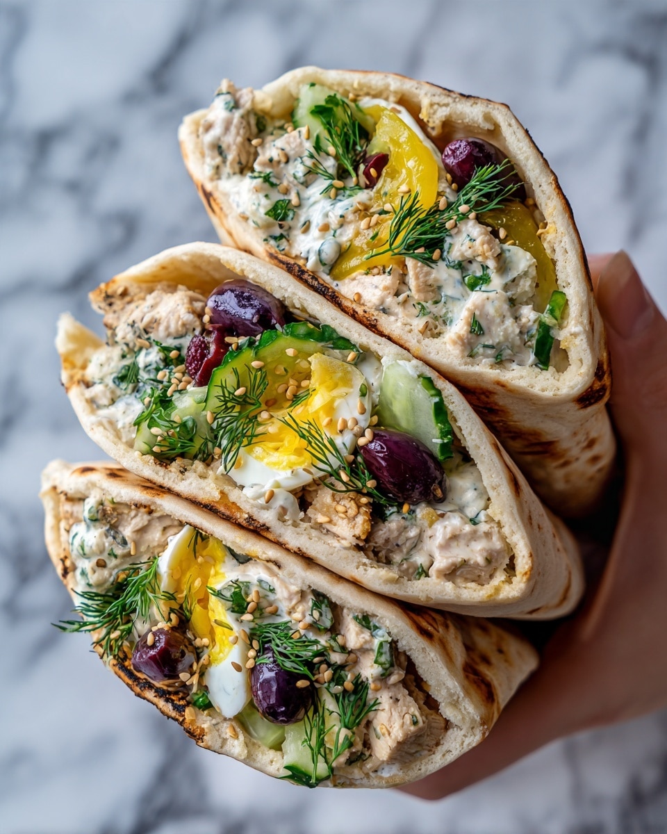 A close-up view of a pita sandwich held by a woman's hand, showing three main layers inside the pita pocket. The first layer is light beige grilled chicken pieces with some grill marks, scattered in the middle and front. The second layer consists of bright yellow and white hard-boiled egg wedges positioned near the back and middle. The third layer includes green cucumber chunks and dark reddish olives mixed with white creamy cheese and small green herb sprigs, filling spaces between other ingredients. The pita bread is light brown and slightly thick with a soft, textured surface. The background features a dark wood surface. photo taken with an iphone --ar 4:5 --v 7