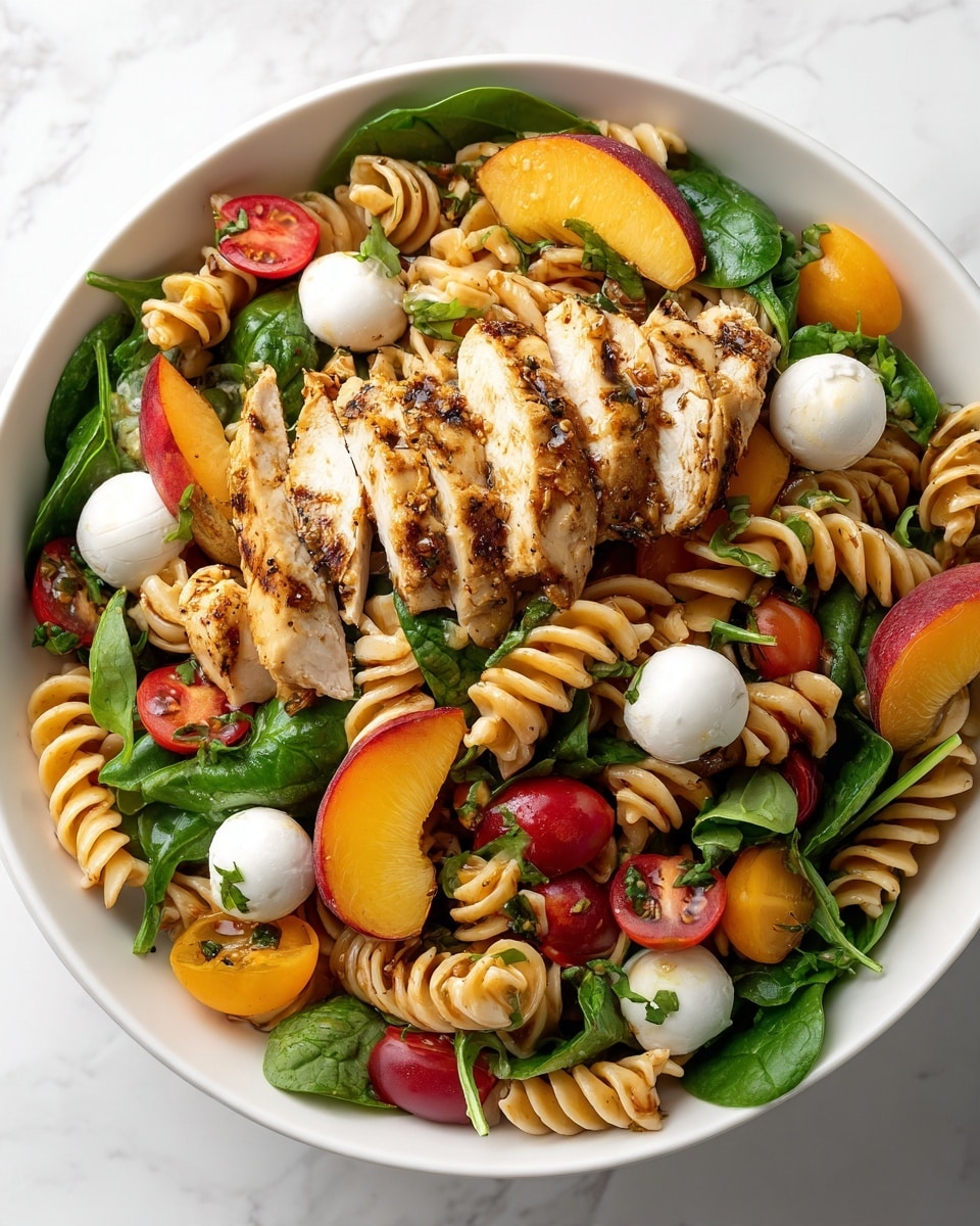 A white bowl filled with a pasta salad layered with green spinach leaves at the base, light brown spiral pasta scattered throughout, and topped with pieces of golden browned chicken coated in herbs. There are bright red and orange cherry tomatoes, small white mozzarella balls, and slices of red and yellow peaches adding color all around. Bits of thin crispy bacon are mixed in, with a generous sprinkle of fresh chopped green herbs on top, all glowing with a light herb dressing. The bowl sits on a white marbled surface photo taken with an iphone --ar 4:5 --v 7