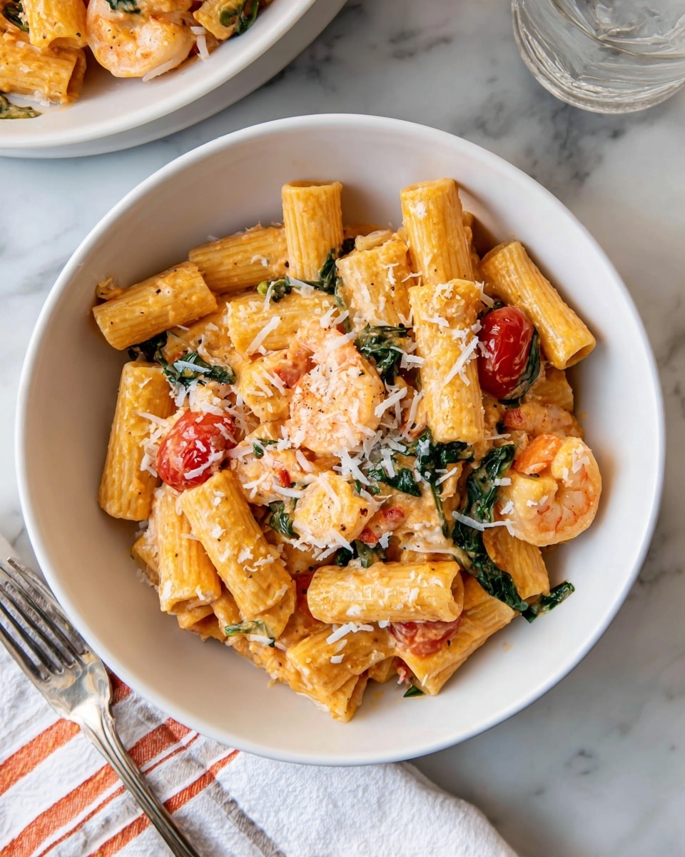The image shows a white bowl filled with rigatoni pasta mixed with shrimp and spinach in a creamy orange sauce. The rigatoni pieces are large, tube-shaped, and coated well with the sauce, while the shrimp appear pink and tender, scattered throughout the pasta. Bits of leafy green spinach add color contrast, and there is a light sprinkle of grated white cheese on top, melting slightly into the sauce. The bowl sits on a white marbled surface next to a silver fork and a striped cloth napkin with colors of white, gray, and brown. The upper part of the image shows a glimpse of a black pan filled with the same dish. Photo taken with an iphone --ar 4:5 --v 7