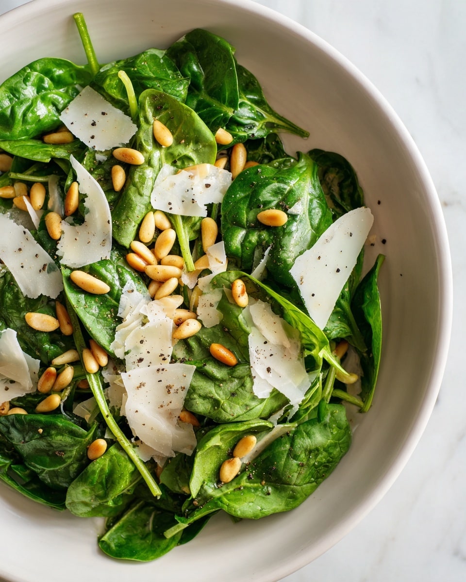 The image shows a fresh spinach salad served in a white bowl on a white marbled surface. The salad has a single layer of bright green spinach leaves, scattered with small golden pine nuts and thin, irregular pieces of pale cream-colored cheese. The cheese pieces are spread evenly on top of the spinach, and some spots of black pepper are visible sprinkled across the salad, adding texture. The spinach leaves have a moist, slightly shiny look, indicating they are lightly dressed. Photo taken with an iphone --ar 4:5 --v 7
