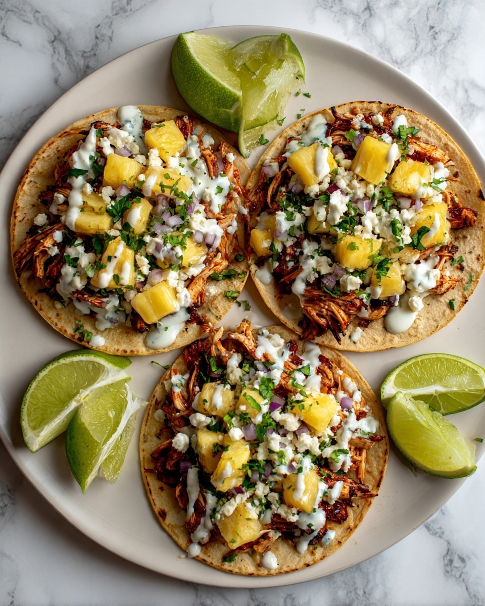 Three tostadas sit on a wooden round board, each layered with a toasted tortilla base in light golden brown. The first layer on the tortillas is a rich, dark brown sauce spread evenly. On top of the sauce is shredded orange-brown chicken meat, piled thick. Above the chicken are small chunks of bright yellow pineapple mixed with finely chopped purple onions and green herbs scattered over. Crumbled white cheese is sprinkled generously over the top layers. A creamy light green sauce is drizzled unevenly, flowing slightly over the edges. A wedge of fresh green lime rests near the top right corner on the board. The background shows a white marbled texture. Photo taken with an iphone --ar 4:5 --v 7