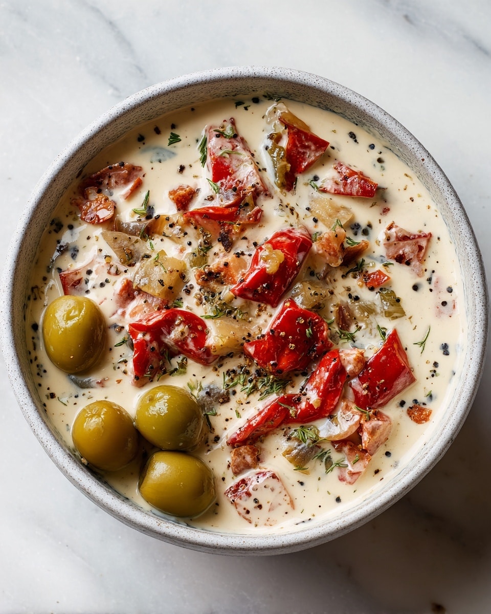 A close-up view of a bowl filled with a creamy mixture showing chunks of white cheese mixed with red pieces that look like roasted peppers and small green herbs scattered throughout. On the side inside the bowl, there are whole green olives and a few long green pickled peppers. The bowl is white with a speckled dark rim, placed on a white marbled surface with some more olives outside the bowl. photo taken with an iphone --ar 4:5 --v 7