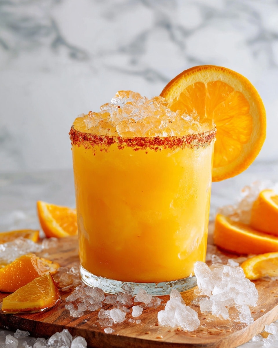 A clear glass filled with bright orange juice sits on a white marbled surface, layered with large ice cubes visible inside. The rim of the glass is coated with a dark spice powder, adding a textured contrast. A wedge of fresh orange is placed on the rim, showing its juicy, bright orange flesh. Around the glass, there are several orange slices and scattered ice cubes, enhancing the fresh and cool feeling of the drink. photo taken with an iphone --ar 4:5 --v 7