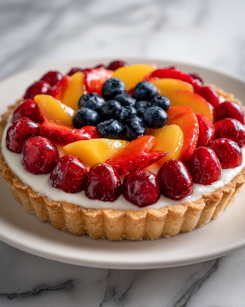 A round tart with a light brown crust holds a smooth, pale cream filling. The top is decorated in neat, colorful fruit layers: a center circle of dark blue blueberries, surrounded by red cherries, then a ring of bright orange mandarin slices, followed by a layer of halved red strawberries mixed with more blueberries all around the edge. The tart sits on a white plate, placed on a white marbled surface with a few whole strawberries nearby. photo taken with an iphone --ar 4:5 --v 7