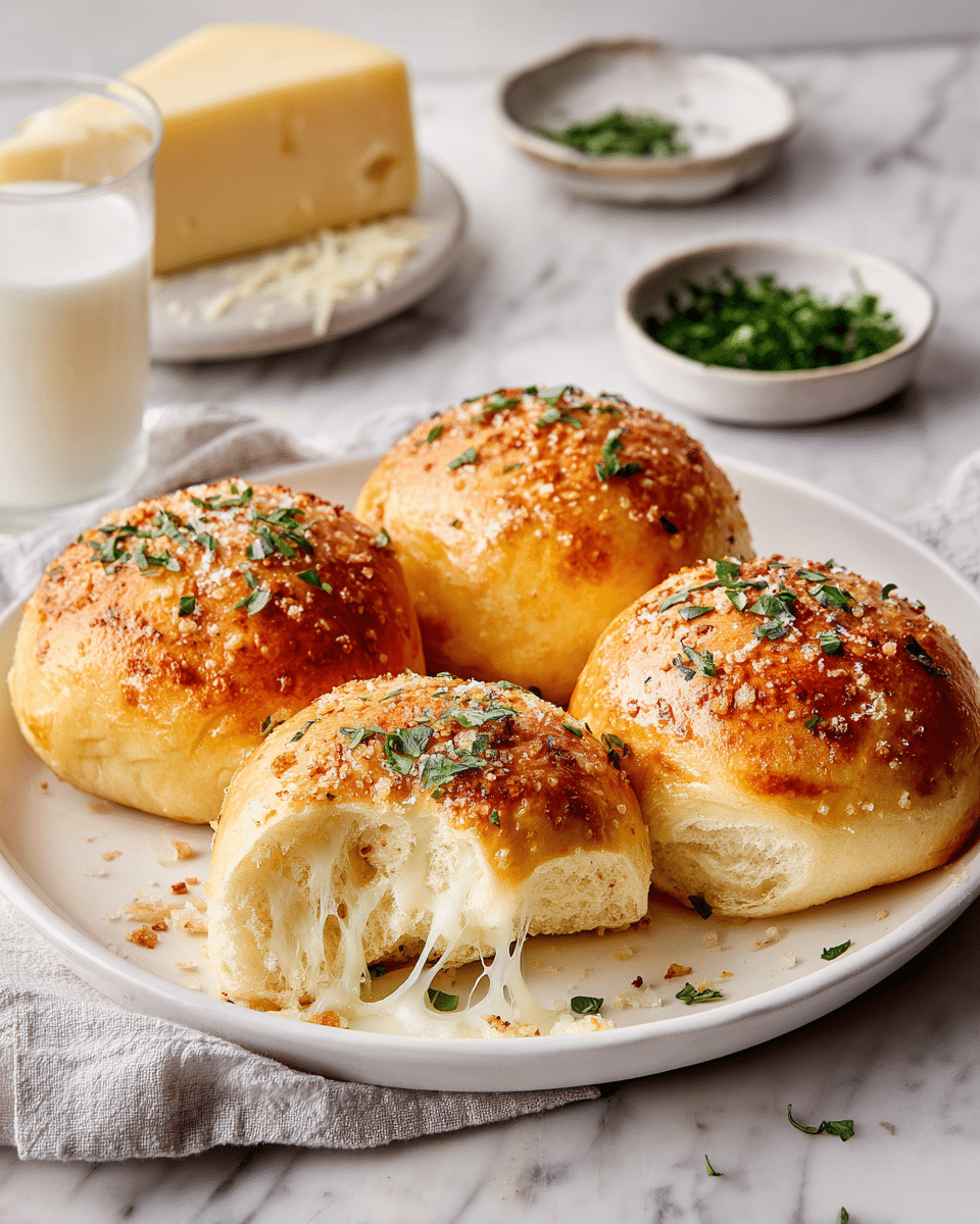 The image shows four golden brown bread rolls on a white plate with a speckled pattern, placed on a wooden table. One roll is broken open in the front, stretching warm white melted cheese in the middle. Each roll is topped with a layer of golden crumbs and sprinkled with small green parsley pieces. The bread has a shiny, slightly crispy crust and a soft, fluffy inside visible in the broken roll. In the background, there is a wooden board with shredded cheese and a block of cheese, a white bowl with chopped green herbs, a glass of milk, and a folded cloth with blue stripes. The surface is a white marbled texture. photo taken with an iphone --ar 4:5 --v 7