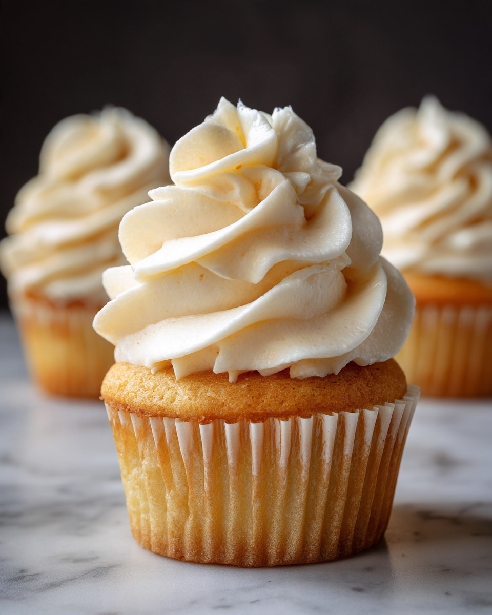 A close-up of a single cupcake with a golden-yellow base wrapped in a light beige paper liner, topped with a tall swirl of smooth white cream frosting that has soft, flowing wave-like ridges. Behind this cupcake, two more cupcakes are softly blurred, showing the same golden base and white cream frosting. The background is dark, making the creamy white frosting stand out sharply against it, while the cupcakes rest on a surface that appears textured but is changed to a white marbled texture. photo taken with an iphone --ar 4:5 --v 7
