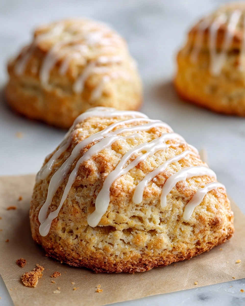 The image shows a single golden-brown triangular scone with a slightly crumbly texture. It has visible layers that give it a flaky look. White icing is drizzled thickly across the top in wavy lines, some dripping slightly off the edges. The scone rests on a light tan surface with a few crumbs scattered around. Parts of other scones with similar icing are blurred in the background. photo taken with an iphone --ar 4:5 --v 7