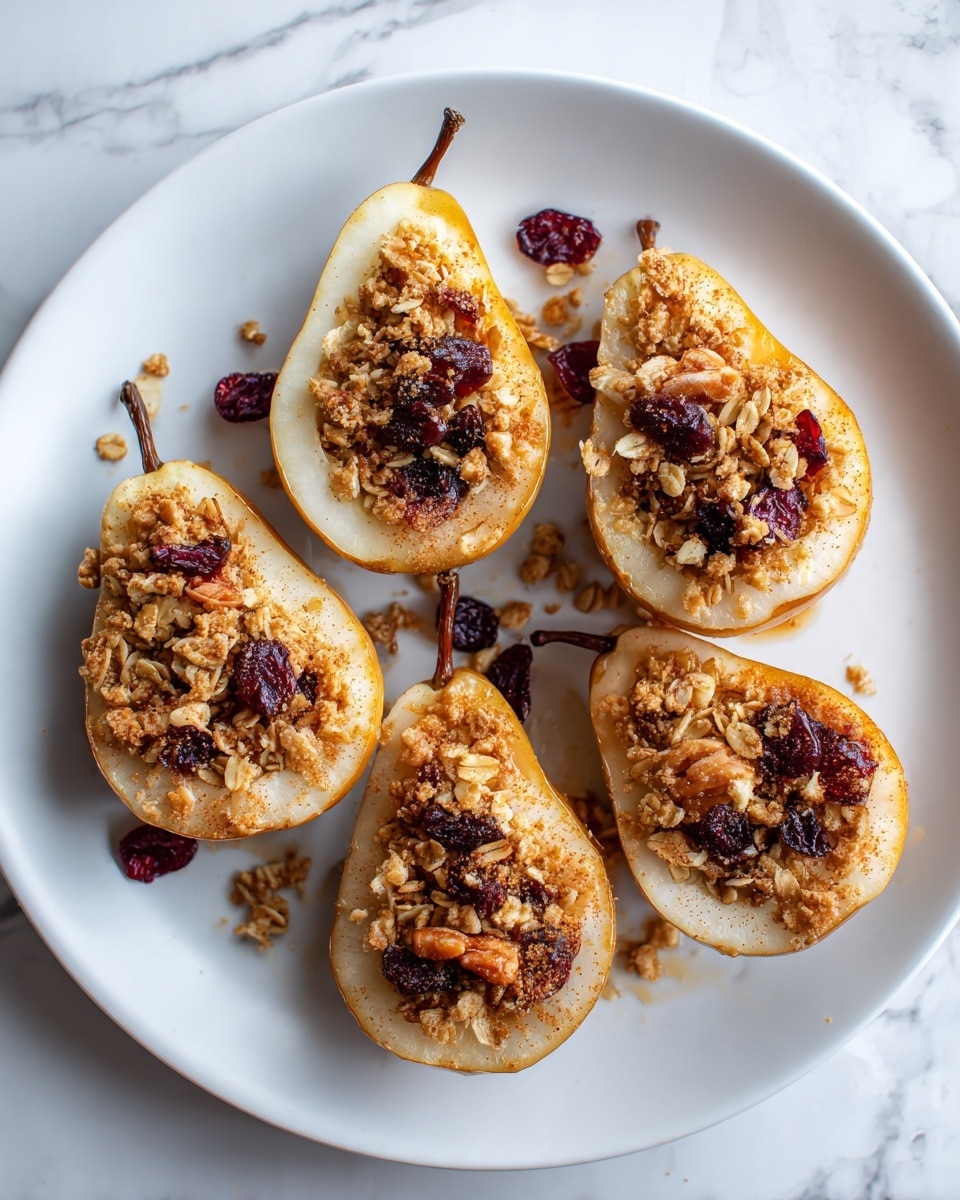 The image shows a close-up of a pear cut into halves and quarters, arranged on a white plate with a white marbled surface in the background. Each pear piece is lightly golden on the edges and topped with a layer of granola mix, which is golden brown with visible oats, nuts, and dark dried fruits. The granola rests on the soft pale-white inside of the pear, sprinkled with a light dusting of cinnamon powder. The pear skin is light yellow with a slightly rough texture, and small bits of granola are scattered on the plate. Photo taken with an iphone --ar 4:5 --v 7
