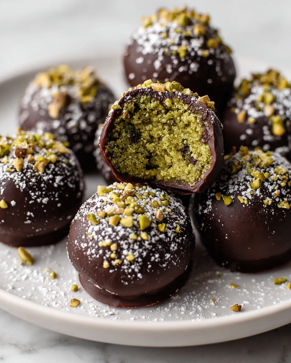 The image shows six round treats on a white plate with a white marbled background. Each treat has three main layers: a smooth dark chocolate outer shell that is shiny and slightly uneven, a layer of chopped yellow-green pistachio nuts sprinkled on top, and a dense, bright green center inside. One treat is bitten to show the inside, revealing a soft, crumbly green interior with some darker green bits throughout. A light dusting of white powder is lightly scattered on the chocolate surface, adding texture. The focus is close on the middle treat, with the others softly blurred in the background. Photo taken with an iphone --ar 4:5 --v 7