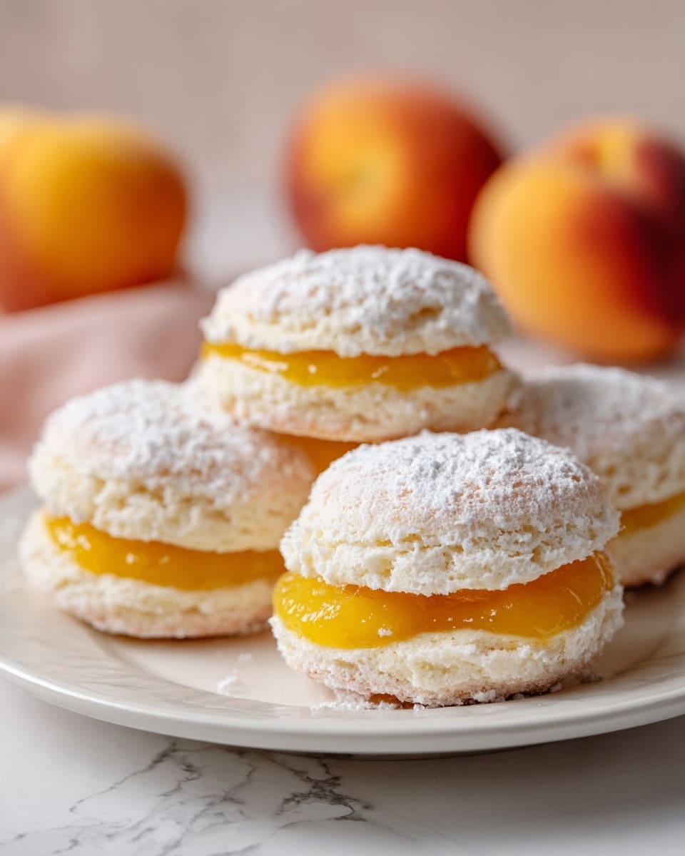Four round peach-shaped cakes sit on a white plate on a white marbled surface. Each cake has two soft, pale yellow layers dusted with white powdered sugar, giving a fluffy look. Between the layers is a bright yellow peach slice and a thin ring of dark red jam, adding a shiny texture and vibrant color contrast. The top of three cakes has a soft pink blush, mimicking the look of fresh peaches. The background shows two whole peaches softly out of focus. Photo taken with an iphone --ar 4:5 --v 7