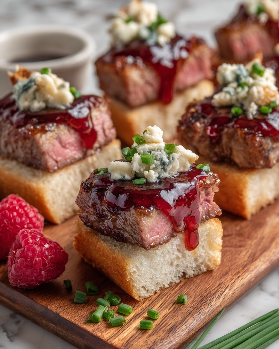 The dish shows small open sandwiches, each with three layers: the bottom layer is a thick slice of crusty, golden-brown bread with a soft white inside; on top is a thick, juicy piece of cooked meat with visible grill marks and a pinkish center; the final layer has a glossy dark red sauce dripping down the meat and fresh blue cheese crumbles with small green chive pieces sprinkled on top. The sandwiches are arranged on a wooden board with some green chive parts scattered around, and a red raspberry is placed nearby, all set on a white marbled surface. Photo taken with an iphone --ar 4:5 --v 7