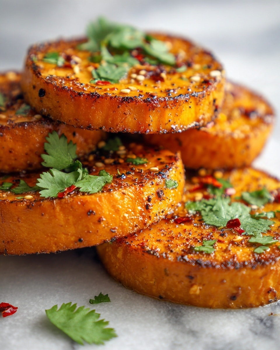 The image shows several thick round slices of golden brown fried food stacked closely together. Each slice has a crispy dark brown crust on the edges with a bright orange-yellow inside. The top of the slices is covered with shiny oil, small red chili pieces, and tiny mustard seeds. Scattered around and on top, bright green herb leaves add fresh color contrast. The background has a soft white marbled texture. photo taken with an iphone --ar 4:5 --v 7