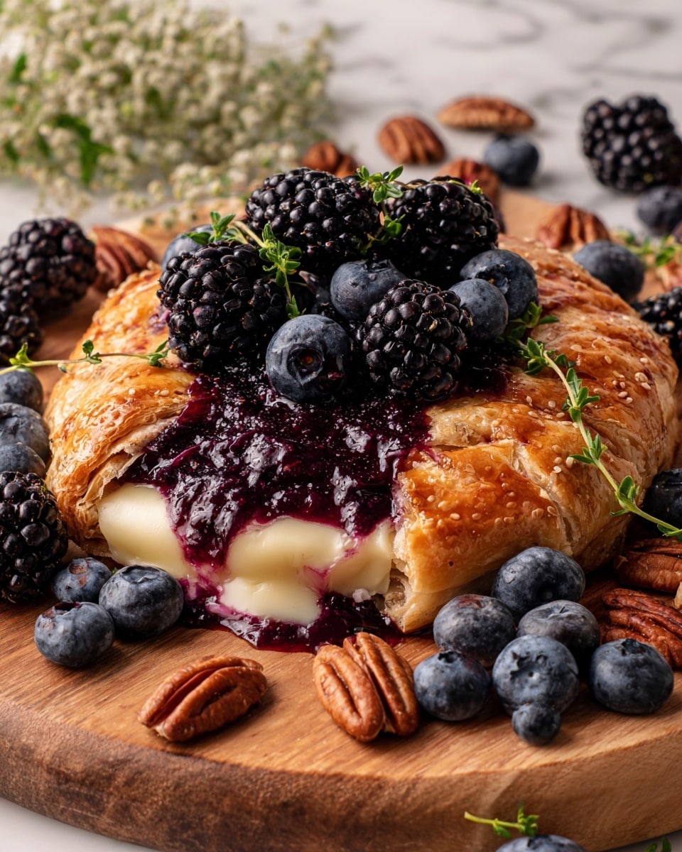 The dish shows a golden brown puff pastry baked in a round shape with visible layers of crispy, flaky crust. At the center, creamy melted white cheese is oozing out, topped with a dark purple berry sauce that drips slightly down the side. On top of the pastry, there are fresh blackberries and blueberries along with small green herb sprigs scattered around. The pastry sits on a wooden surface with pecans and more berries placed around it, all set against a white marbled texture background. photo taken with an iphone --ar 4:5 --v 7