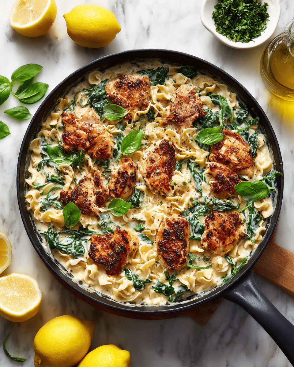 In a large black skillet, there is a creamy orzo pasta mixed with bright green spinach leaves spread throughout the dish. On top and throughout the pasta, there are pieces of browned, seasoned chicken, arranged evenly. Fresh small green basil leaves are scattered over the dish, adding a fresh touch. Around the skillet, on a white marbled surface, there are whole and halved lemons, with a small grey bowl holding green herbs nearby. The scene includes a glass bottle with golden olive oil in the top right corner. photo taken with an iphone --ar 4:5 --v 7