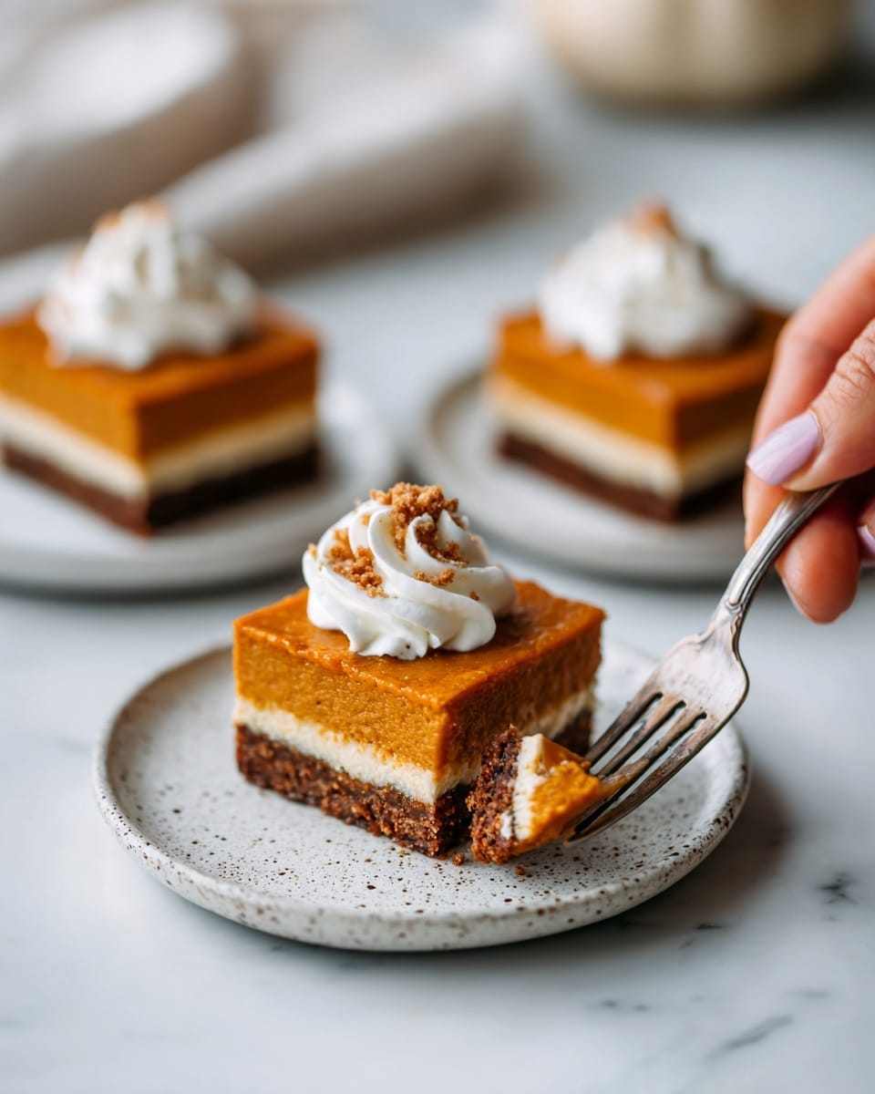 A square slice of pumpkin pie with two layers sits on a white plate; the bottom layer is a dark brown crumbly crust, and the top layer is a smooth orange pumpkin filling. On top of the pie is a swirl of white whipped cream sprinkled with light brown crumbs. A woman's hand holds a fork with some crumbs and whipped cream pieces near the plate. The plate is on a white marbled surface, and there are two more similar slices blurred in the background. photo taken with an iphone --ar 4:5 --v 7