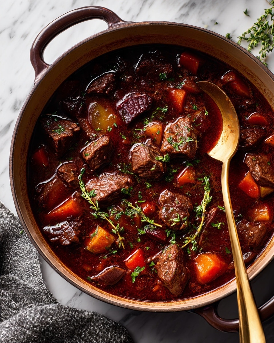 The image shows a large round pot filled with a rich, dark red stew. The stew has many small chunks of brown meat scattered throughout, along with cubed yellow and orange vegetables. Bright red pieces of peppers also float in the thick, glossy liquid. A gold spoon rests in the pot on the right side. The inside of the pot is light orange and the edges are softly worn, creating a warm feeling. The pot sits on a white marbled surface with a dark cloth under one edge. Small green herb bits are sprinkled on top of the stew. photo taken with an iphone --ar 4:5 --v 7