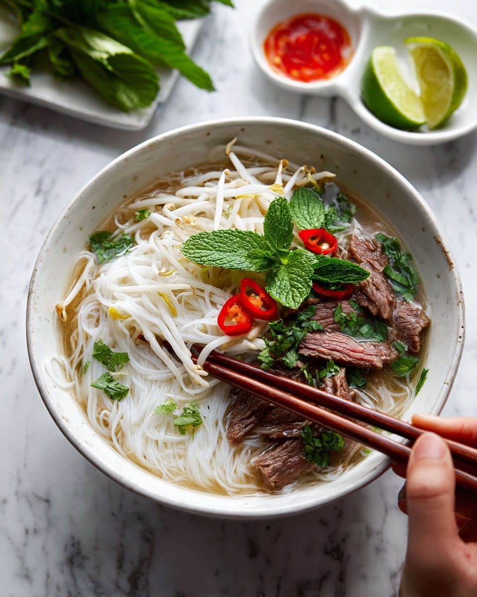 A white bowl filled with clear broth noodle soup, showing three main layers: at the bottom, thick white rice noodles; in the middle, thin slices of cooked meat with pink centers; and on top, a heap of fresh white bean sprouts, bright green herbs like basil and cilantro, and slices of red chili scattered across. The bowl is placed on a white marbled texture, with a pair of wooden chopsticks resting on the edge. There are lime wedges and extra herbs in the background, giving a fresh look. photo taken with an iphone --ar 4:5 --v 7