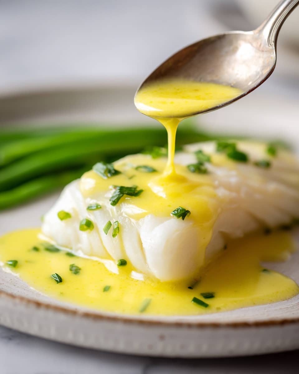 A close-up of a white plate on a white marbled surface holding a single piece of light beige cooked fish fillet with a soft texture. A spoon above the fish is pouring a smooth, shiny yellow sauce that covers most of the fish. The sauce pools slightly on the plate, and a small amount of finely chopped green herbs is sprinkled in the center of the fish. In the top left corner, several green beans are partially visible. Photo taken with an iphone --ar 4:5 --v 7