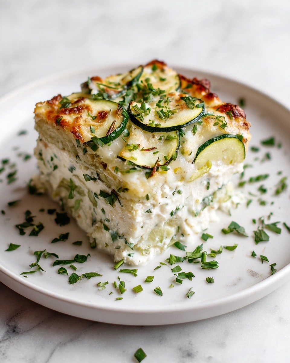 A square piece of baked zucchini casserole is placed in the center of a white plate on a white marbled surface. The casserole has three visible layers: the bottom and middle layers are creamy light yellow with visible slices of green zucchini and bits of green herbs mixed inside. The top layer is slightly browned, with more zucchini slices and sprinkled finely chopped green herbs on top and around the plate. The texture looks soft and fluffy, with some browning on the edges. Photo taken with an iphone --ar 4:5 --v 7