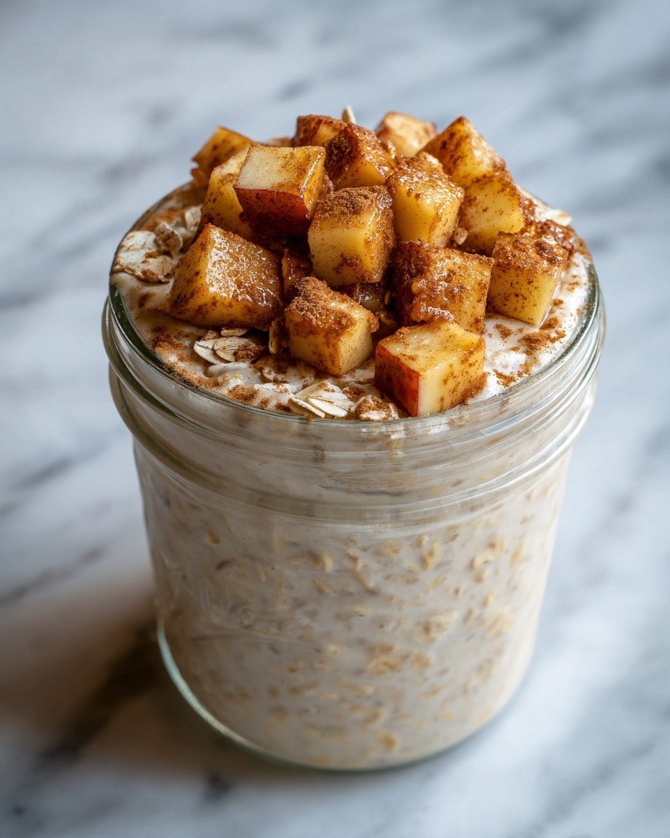 A clear glass jar filled with three layers: the bottom and middle layer is creamy, light brown oatmeal with visible oats mixed in, topped with a third layer of small light yellow diced apple pieces covered in a shiny syrup and sprinkled with fine dark brown cinnamon, all placed on a white marbled surface photo taken with an iphone --ar 4:5 --v 7