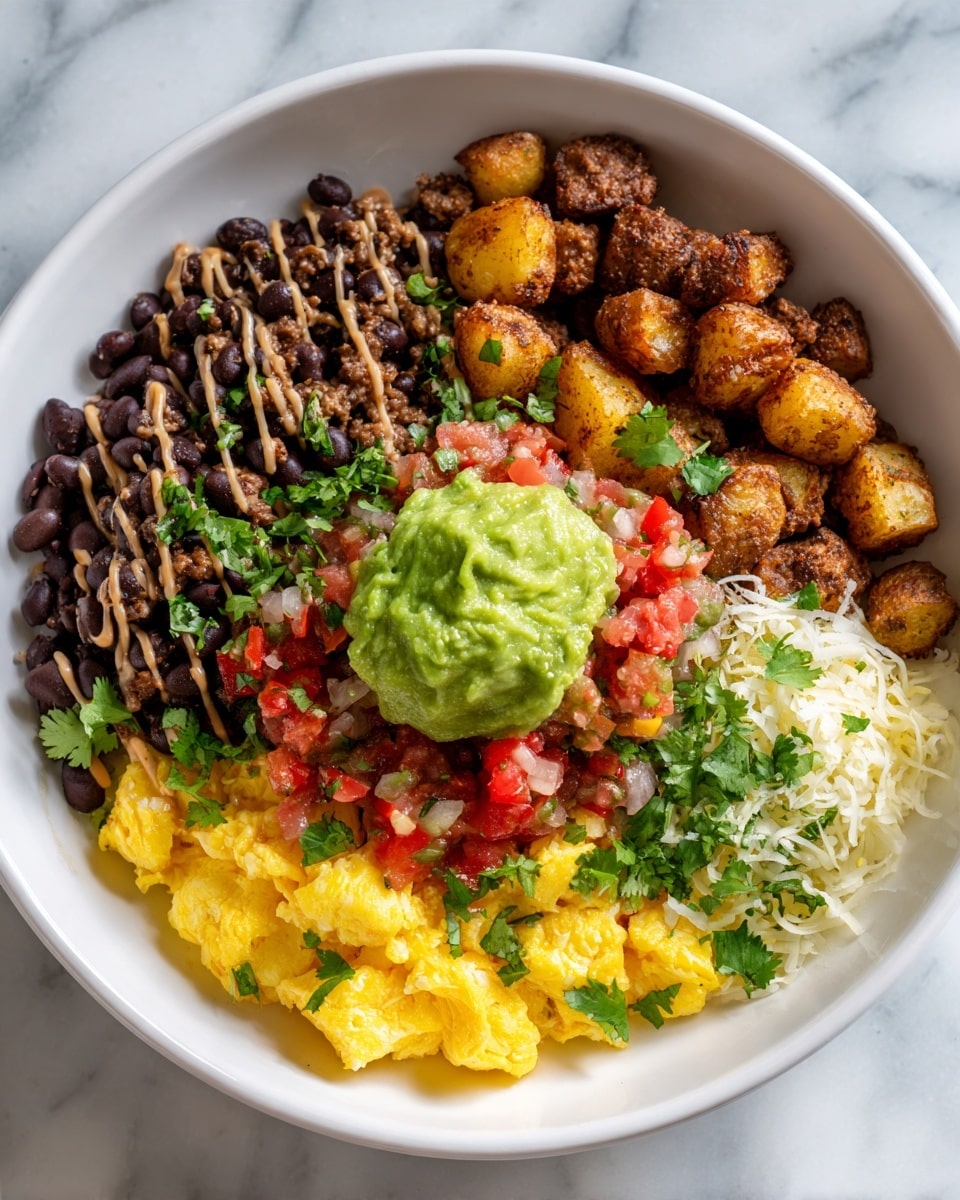 A white bowl on a white marbled surface holds a colorful breakfast bowl with six main layers arranged side by side. Starting from the left, there is a dark black bean layer with a smooth shiny texture, next to it a crumbled cooked sausage layer with a browned, crispy texture. Following that is a bright yellow scrambled egg layer that looks soft and fluffy. In the center, a chunky red salsa with diced tomatoes and onions is topped with a light green scoop of guacamole, both sprinkled with fresh green cilantro. To the right of the salsa, there are golden brown roasted potato cubes with a crispy edge, and finally a small pile of shredded white and yellow cheese. The whole bowl is drizzled with a light tan creamy sauce in a diagonal pattern. Photo taken with an iphone --ar 4:5 --v 7