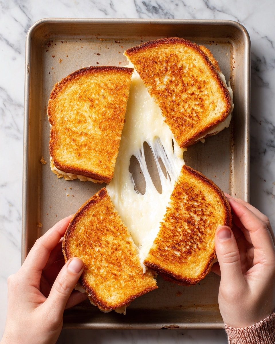 A golden brown grilled cheese sandwich is being pulled apart by two woman's hands, showing a thick, stretchy layer of melted white and yellow cheese in the middle. The sandwich has two toasted slices of bread with a crispy texture and is placed on a metal baking tray with a white marbled surface underneath. In the background, another grilled cheese sandwich sits whole and toasted evenly on the tray photo taken with an iphone --ar 4:5 --v 7