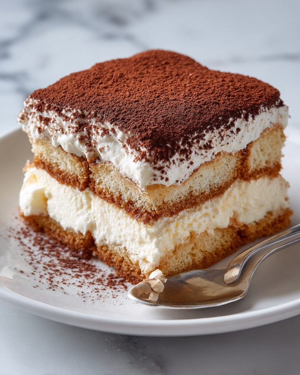 The image shows a close-up of a square piece of tiramisu on a white plate with a silver spoon resting beside it. The dessert has three visible layers: the top layer is thick and creamy with a rough dusting of dark brown cocoa powder covering the entire surface; the middle layer consists of soaked, light brown sponge cake that appears soft and moist; the bottom layer is another thick creamy layer with a pale off-white color. The edges show the layers clearly with the creamy parts looking smooth and fluffy. The white marbled surface underneath the plate is slightly visible. photo taken with an iphone --ar 4:5 --v 7