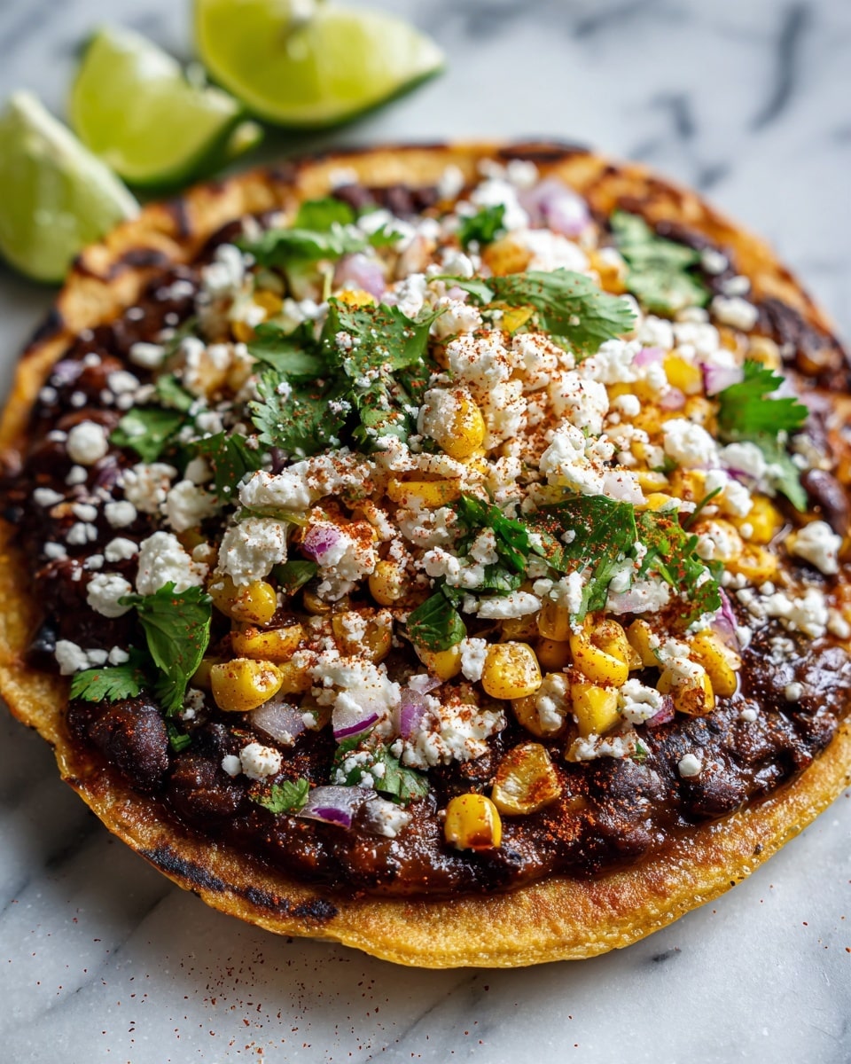 The image shows two tostadas on a white marbled surface. Each tostada has a crispy, golden brown base layer, topped with a dark brown spread of refried beans. On top of the beans, there is a layer of bright yellow corn kernels mixed with small white crumbles of cheese. Scattered over the corn and cheese are small pieces of light purple onions and green cilantro leaves. A light sprinkling of red chili powder or seasoning is dusted on top. In the background, there are lime wedges with a light green color, slightly out of focus. Photo taken with an iphone --ar 4:5 --v 7