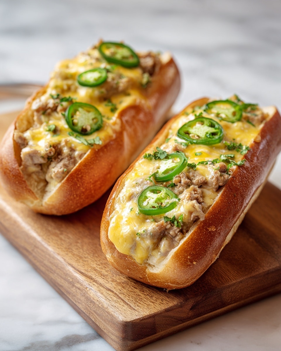 The image shows two sandwiches on a wooden board with a white marbled surface underneath. Each sandwich has a soft, light brown bread roll with a crunchy crust and is filled with a thick layer of creamy, melted cheese mixed with pieces of cooked chicken that have a light brown and white texture. On top of the cheesy chicken filling, there are slices of green jalapeño peppers scattered, adding a pop of dark green color. The sandwiches are placed side by side, with the top halves of the bread slightly lifted, showing the rich, cheesy filling inside. The overall look is warm and inviting, with a close-up focus on the filling details photo taken with an iphone --ar 4:5 --v 7
