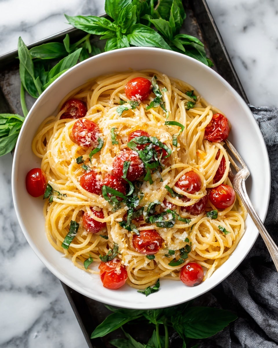 A white bowl filled with thick yellow pasta noodles layered with bright red cherry tomatoes and a soft white cheese topping that is slightly browned, garnished with fresh green basil leaves scattered on top and around. A silver fork rests inside the bowl on the right, with part of a noodle wrapped around its tines. The bowl sits on a dark rustic tray, with fresh basil leaves and a pink flower near it, all placed on a white marbled surface. In the background, there is a glass bottle and a pan with more pasta. The scene is lit with warm, natural sunlight. photo taken with an iphone --ar 4:5 --v 7