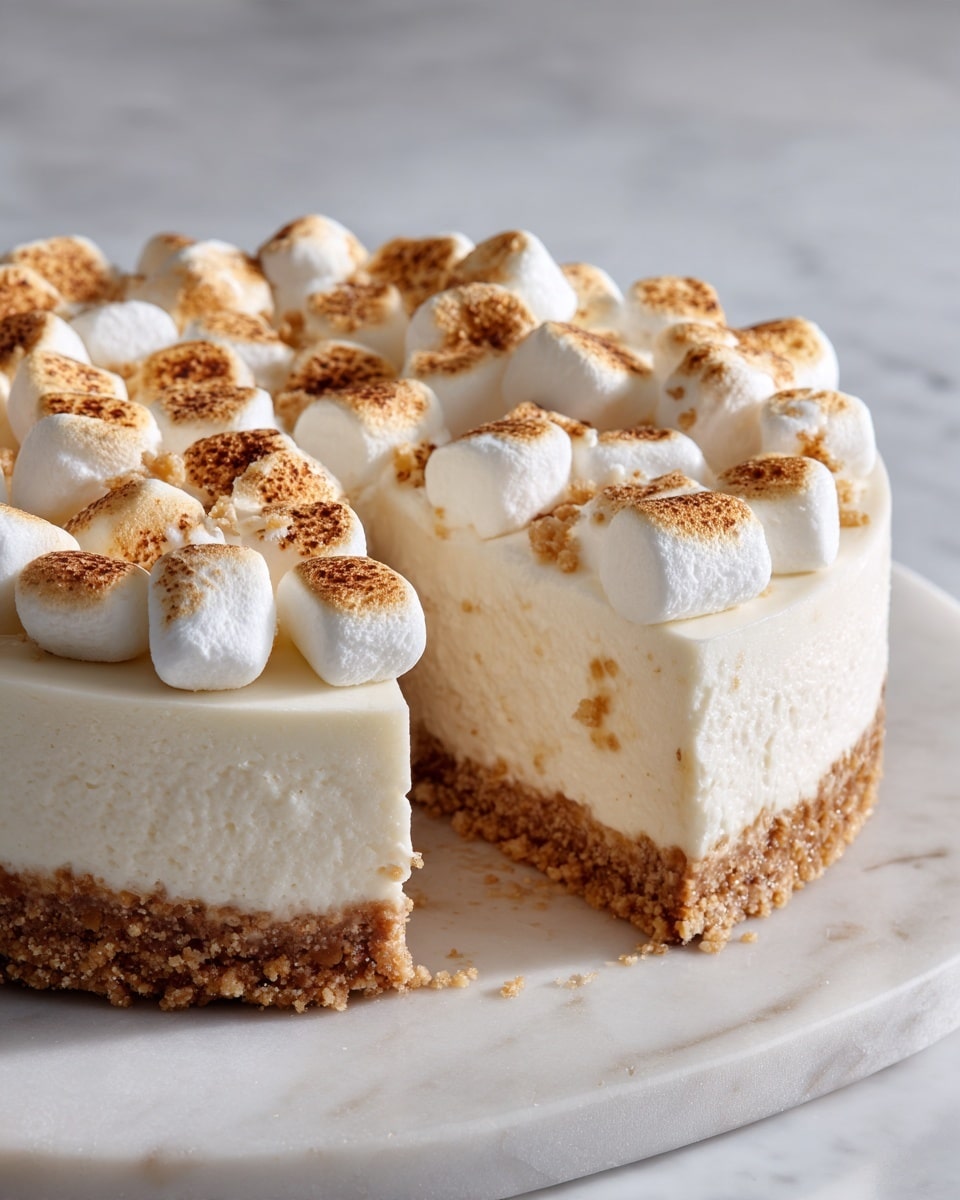 The image shows a round cheesecake with three distinct layers placed on a white marbled surface. The bottom layer is a thick, crumbly brown crust that forms the base. The middle layer is a smooth, creamy white cheesecake filling, thick and dense. The top layer is decorated with white whipped cream dollops and small toasted marshmallows that have light brown spots from toasting, scattered evenly across the surface. A single slice is removed, showing the inside texture and layers clearly. The cake sits on a black round base, and the overall lighting highlights the soft textures and warm tones of the dessert. Photo taken with an iphone --ar 4:5 --v 7