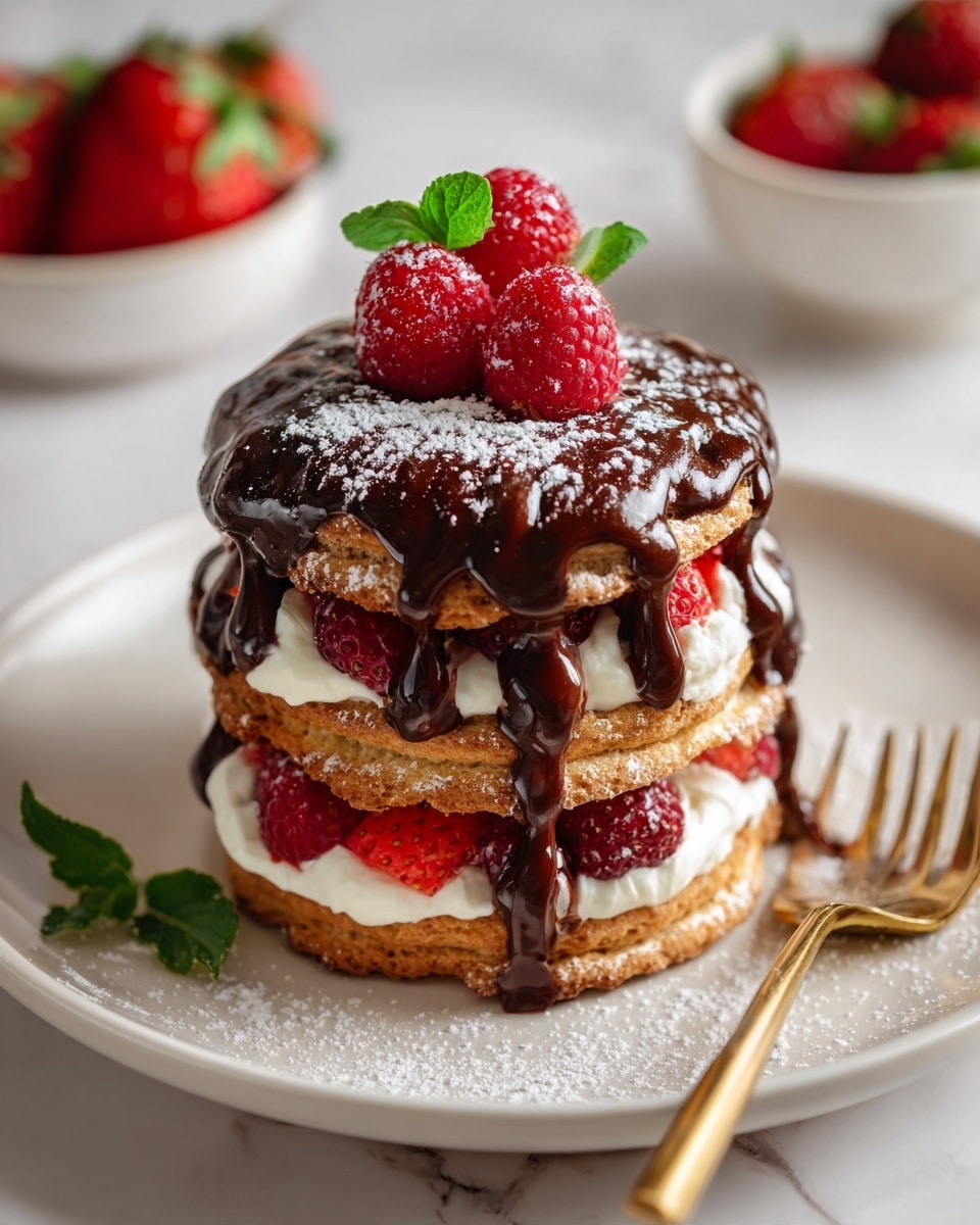 The image shows a three-layer dessert on a white plate, placed on a white marbled surface. Each layer is made of a golden-brown cookie with a rough texture. Between the cookies, there are white cream layers filled with fresh red strawberries and bright red raspberries, adding pops of color. On top of the dessert, thick glossy dark chocolate sauce drips down the sides, partially covering the top cookie. The top is decorated with several fresh raspberries dusted with a light sprinkle of powdered sugar and a small sprig of green mint leaves. A copper fork lies next to the plate, and in the blurred background, there is a white bowl with red strawberries. photo taken with an iphone --ar 4:5 --v 7